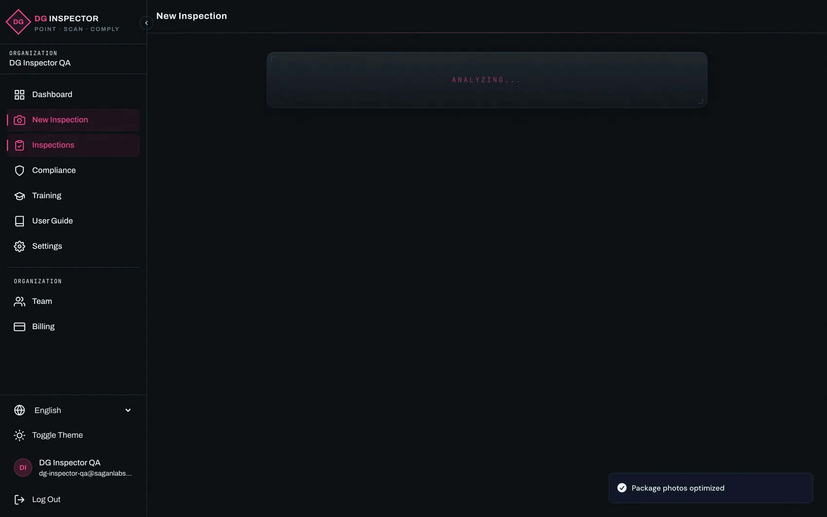 DG Inspector live analysis running against a real shipment