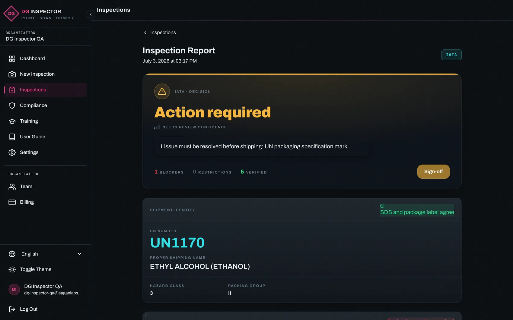 DG Inspector inspection report: IATA verdict with blockers, verified requirements and shipment identity UN1170